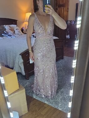 Mac Duggal Rose Pink Sequin V-Neck Maxi Gown